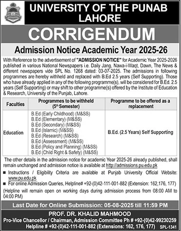 Admission Open in University of the Punjab Lahore